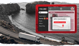 Screenshot or illustration of a GPS map with tracked vehicles and diagnostics.